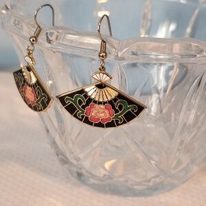 Vintage Cloisonne Fan Earrings Flower Vine